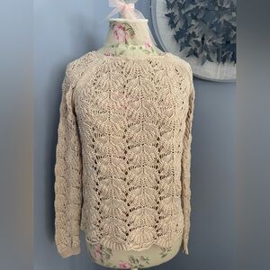 LOFT Open Knit Beige Scallop Pattern Sweater